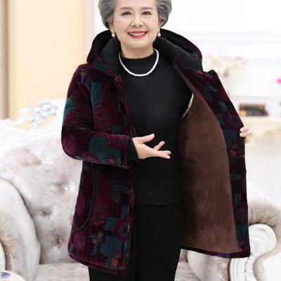 Grandma's Velvet-Lined Corduroy Hooded Winter Coat for Elderly Women