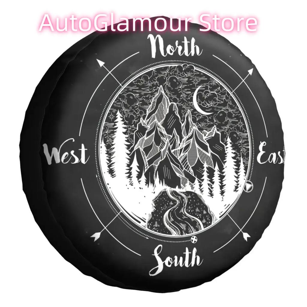 Forest Mountain Landscape Spare Tire Cover Case Bag Pouch Compass Wheel Covers for Mitsubish 14" 15" 16" 17" Inch