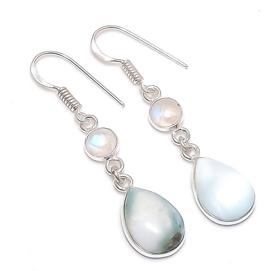 

Натуральный Ларимар, Лунный камень 925 Стерлинговое серебро Ювелирные серьги 1,85 h4n24