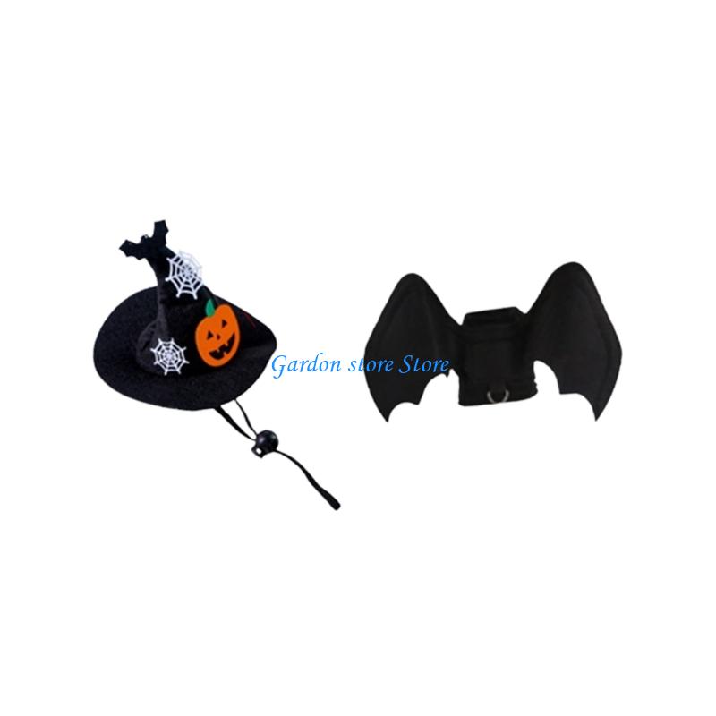 B0KB Holiday Pet Costume Set with Wing Panel Pointed Hat Halloween Soft Fabric Outfit for Seasonal Photo Parties and Home