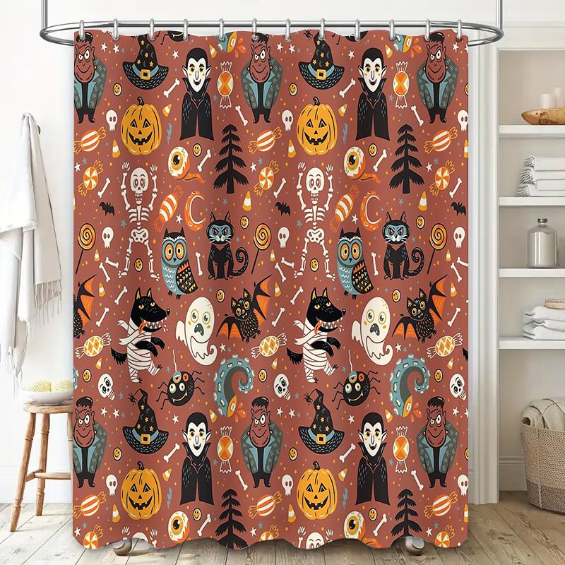 Spooky Halloween Shower Curtain Gothic Skull Bats Pumpkin Home Decor Bathroom Set