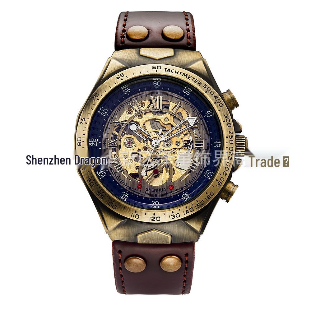 Мужские механические часы в стиле ретро-бронзы - Полый дизайн, Автоматический механизм