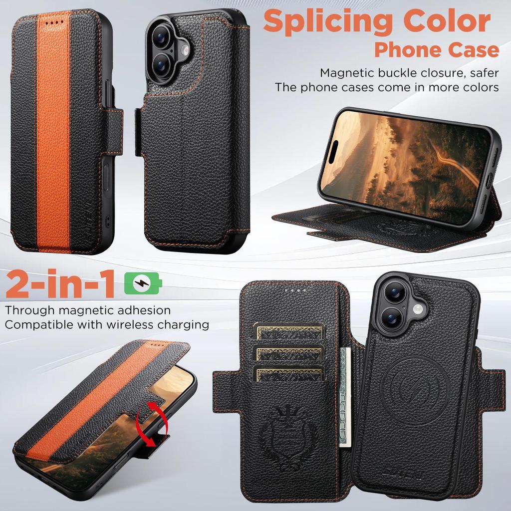 iPhone 17 Flip Case: Card Slot, Magnetic Snap, Wireless Charging Stand, Color Block Wallet, Leather