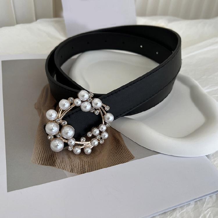 Luxurious Waist Belt with Pearl Circle Pin Buckle for Woman Jeans Skirt Decors
