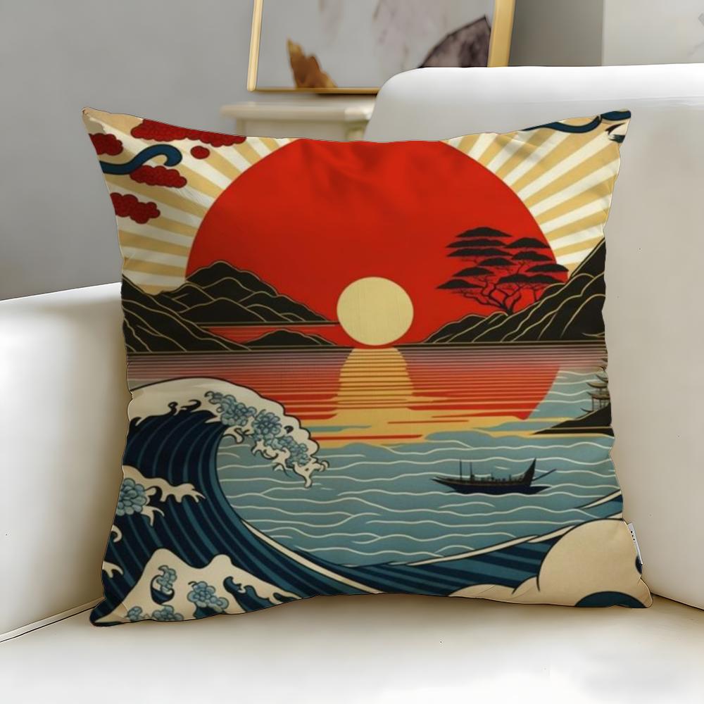 Classic Art Theme Japanese Waves Cushion Cover Soft  EasyWash Pillow Case  Versatile for Couch Bed Travel and Office