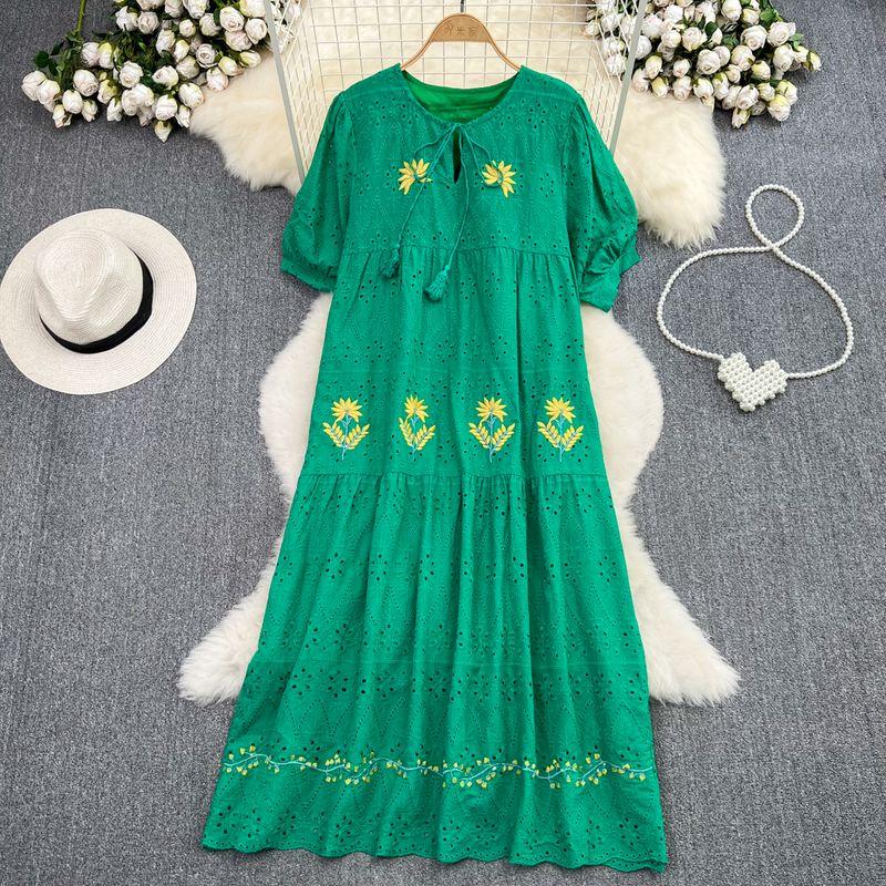 

Summer Bubble Cut Out Embroider Dress Casual Short Sleeve Green One size