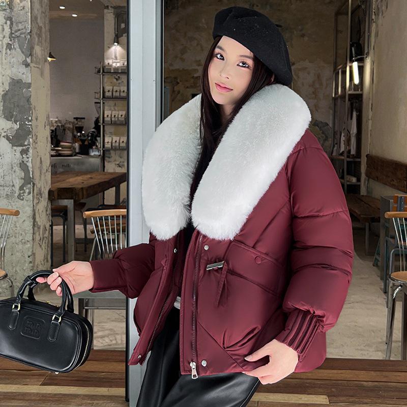 Women's Winter Down Cotton Jacket with Large Fur Collar - European & American Style, Short & Loose Padded Coat