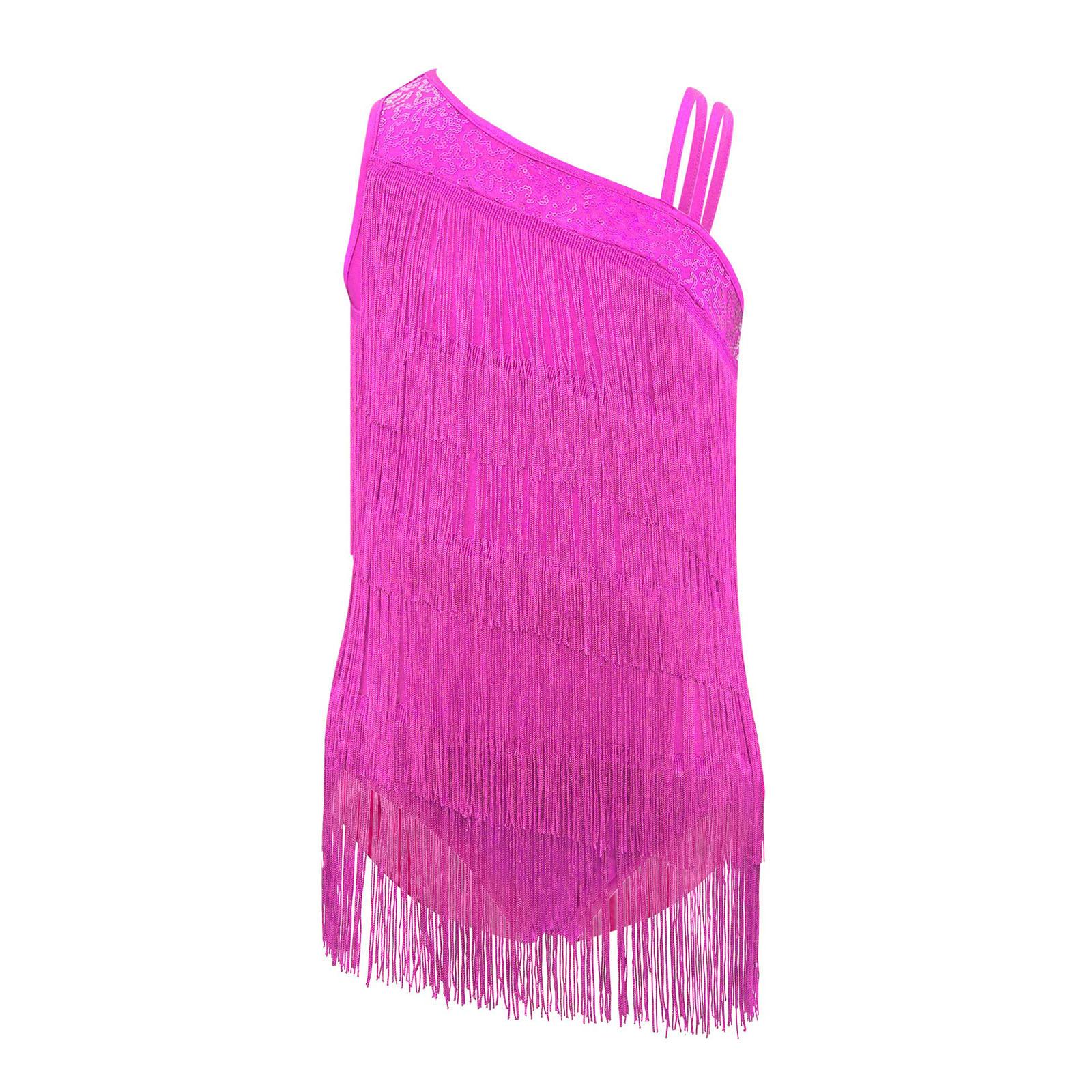 

Girls Modern Ballroom Dance Costume Sleeveless Tiered Tassels Leotard Asymmetrical Design Latin Salsa Dancewear 5-6 Years гарячі рожевого кольору