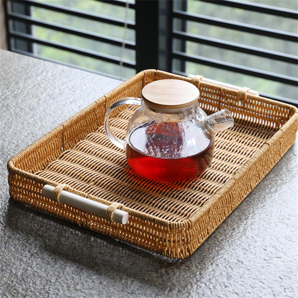 [TAITENG] Rattan Storage Basket with Handle, Tray, for Small Item Storage, Snacks, Fruits, Tabletop Storage, Small Organizer, Washable, Yellow