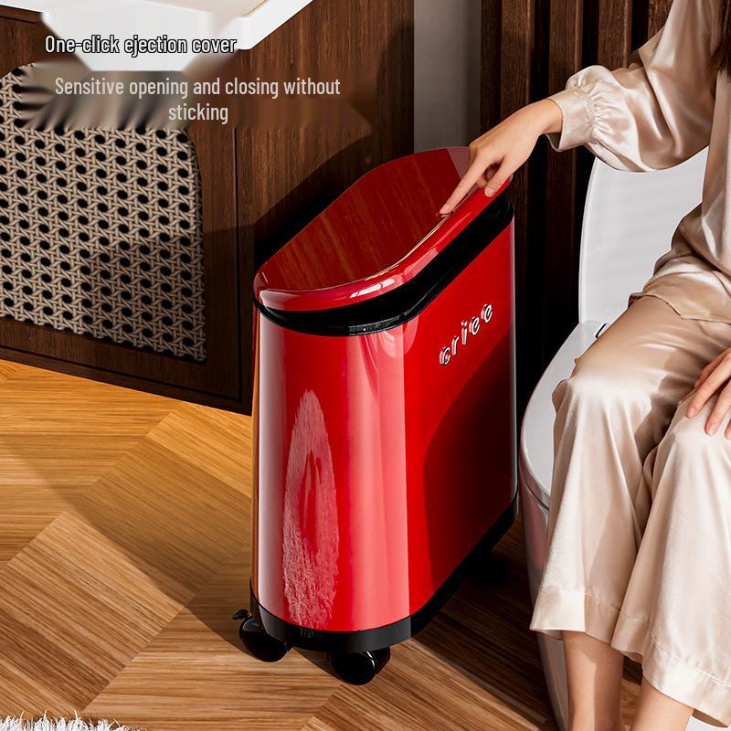 Red Oval Press-Type Trash Can with Lid for Bathroom and Living Room
