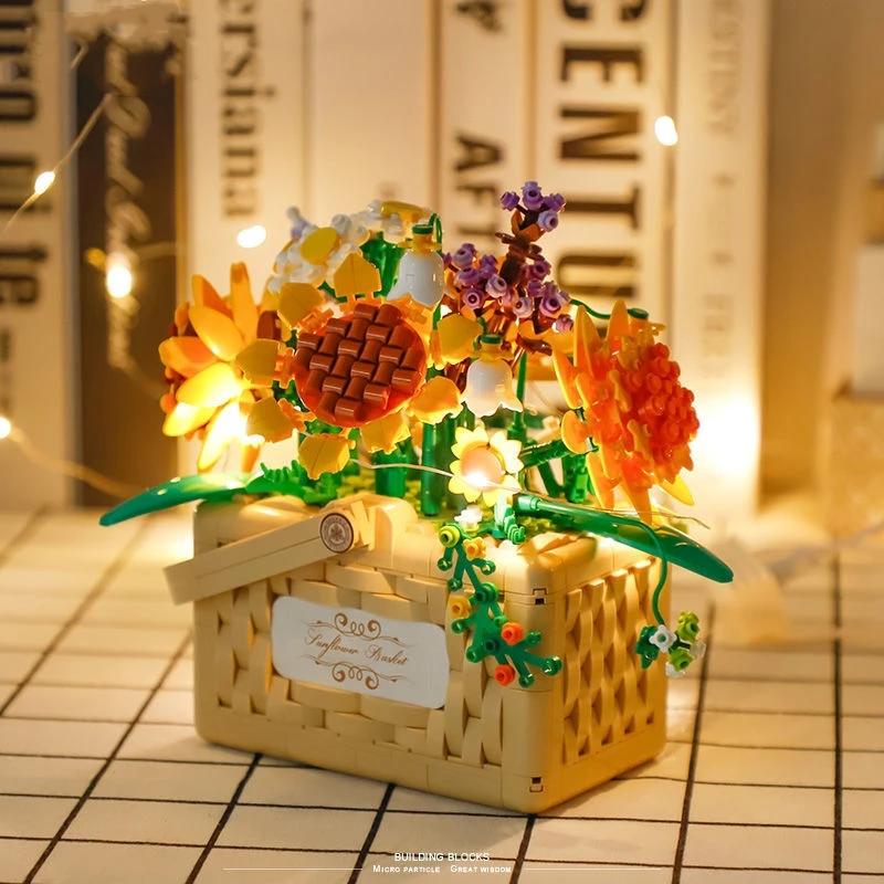 Rose Flower Basket Bouquet Building Kit Bonsai Sunflowers Building Blocks Set Blossoms Moc Bricks Puzzle Kids Toys Girls Gifts