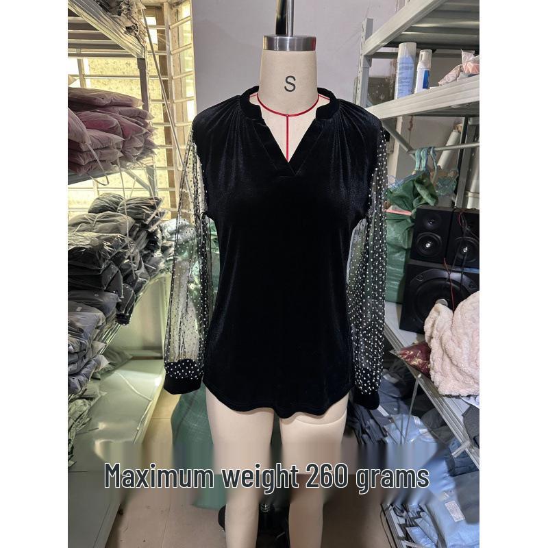 Elegant European & American V-Neck Lace Patchwork Velvet Long Sleeve Women's T-Shirt