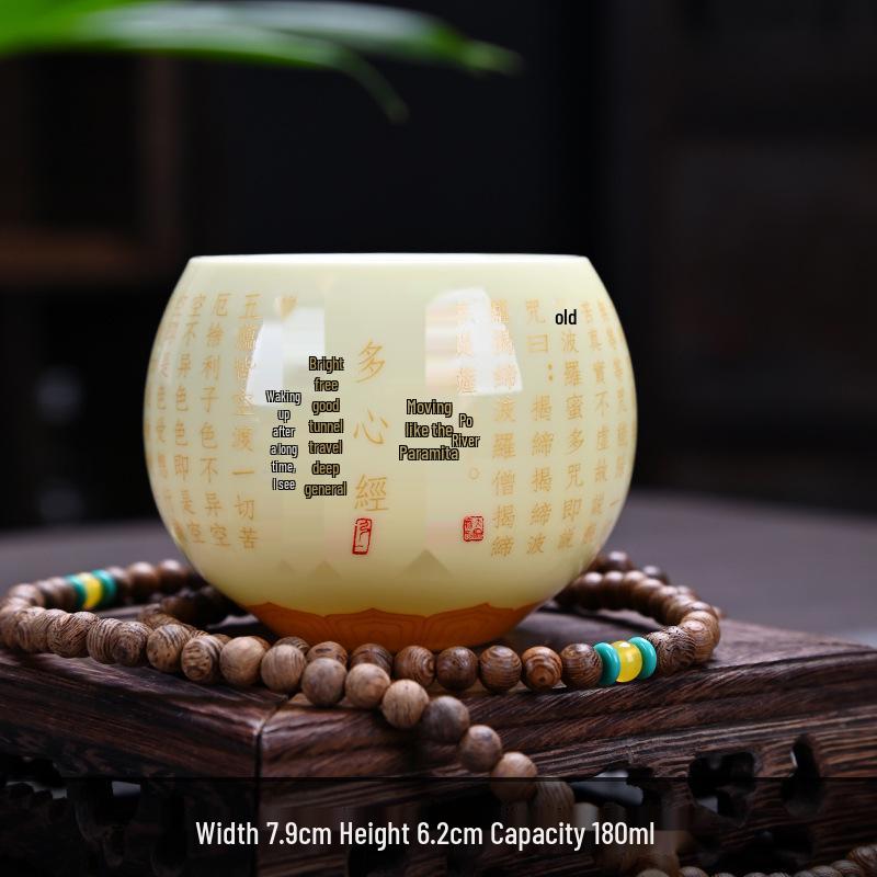 Dragon Egg Heart Sutra Ceramic Tea Set - Gem Yellow Chan Ding & Hundred Blessings Cups 180ml