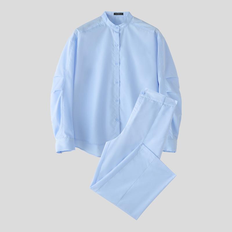 

INCERUN Two Piece Suit Men Stand Neck Long Sleeve Shirts Trousers Casual Sets 5XL синий