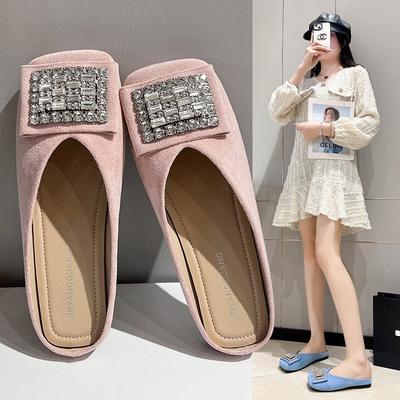 Sac de mode tête demi-pantoufles femmes 2025 nouveau printemps et été extérieur polyvalent antidérapant strass tête carrée semelle plate chaussures femmes