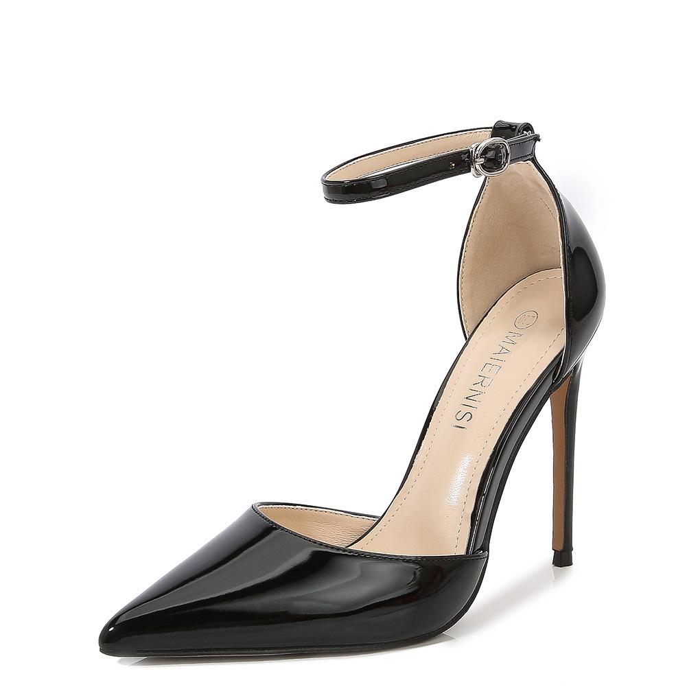 Wind High Heels One-word Buckle Belt Simple Metal Thin Heel High Heel Shallow Mouth Pointed Hollow Sexy Single Shoes