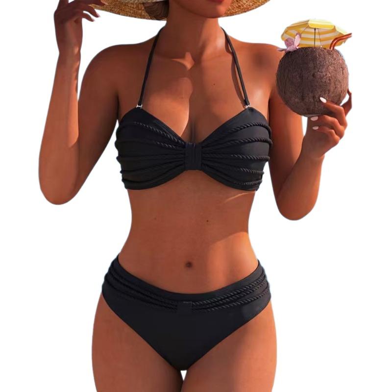 2026 New European and American Style Braided Rope Tube Top Bikini Split Swimsuit Women's High Waist Belly Sexy Swimsuit Set