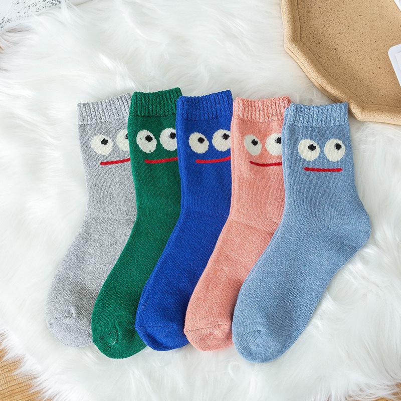 5 Pairs of Ladies New Autumn and Winter Cartoon Expression Hair Ring Thick Warm Rabbit Wool Tube Socks