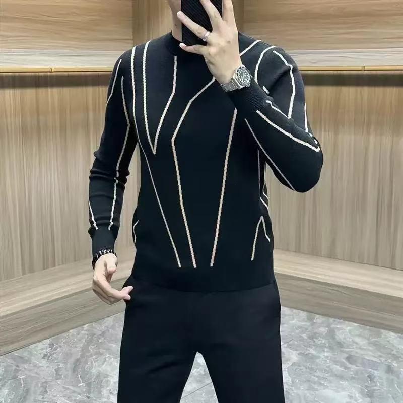 Men's Winter Jacquard Knit Sweater - Casual Round Neck, Long Sleeve, Korean Style, Light Luxury Top