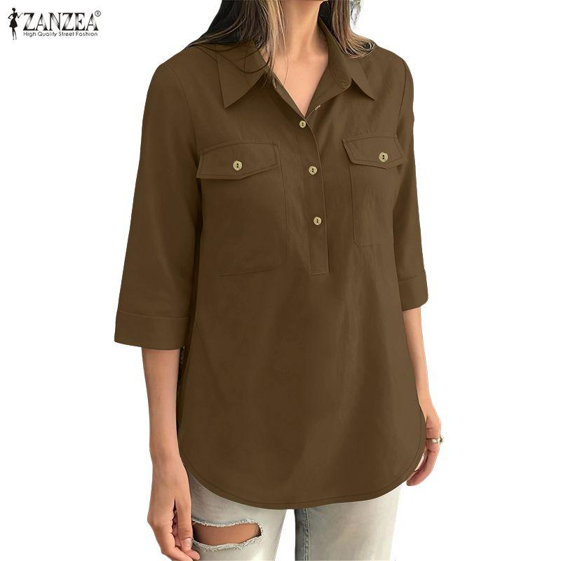 ZANZEA Women Casual Turn Down Collar 3/4 Sleeve Loose Blouse