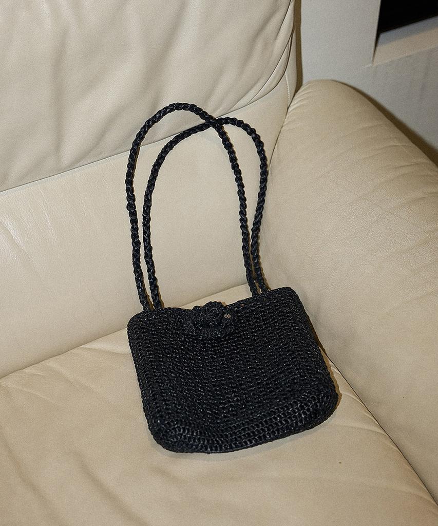 Slowslowly Camellia Handmade Crochet Raffia Shoulder Bag _ Black