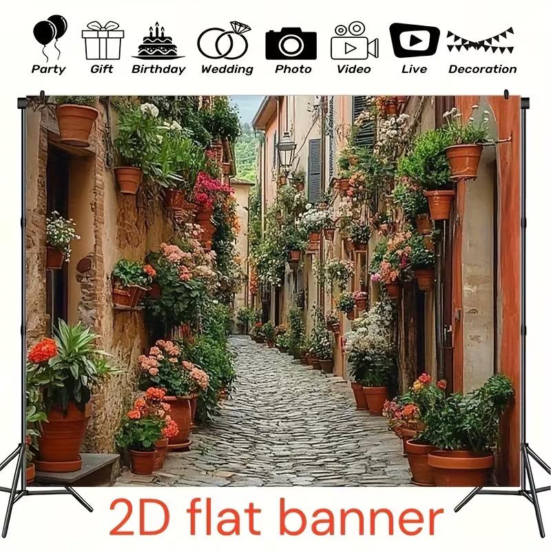 Italienische Toskanische Gasse Wandteppich, Kopfsteinpflasterstraße mit Blumen Hintergrundtuch, Heimdekoration