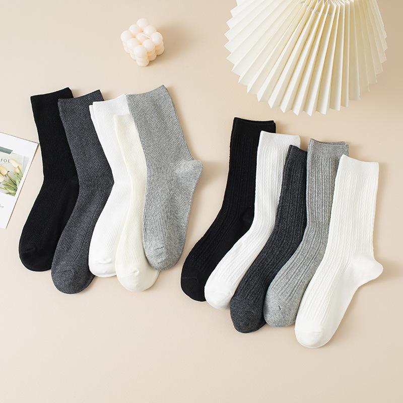 5 Pairs Boneless White Socks Women's Mid-calf Socks Autumn and Winter Cotton Tide Grey Double Needle Anti-pilling Long Stacked Socks