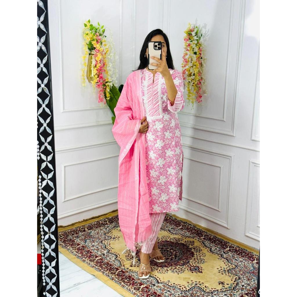 Indian Designer Kurta Pant Dupatta Set Women Bollywood Top Tunic Cotton Kurti VSO-1736 c