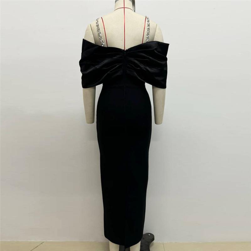 New Sexy Design Bandage Dress Neck Evening Dress with Diamonds Shoulder Slim Long Women's Clothing