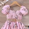 New Summer Dress for Girls Puff Sleeves Floral Dresses with Belt Children Clothes for 5-12 Years Old
