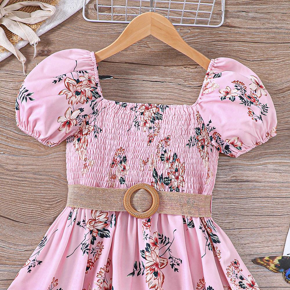 Nové letní šaty pro dívky Nafouknuté rukávy Květinové šaty s páskem Dětské oblečení pro 5-12 let