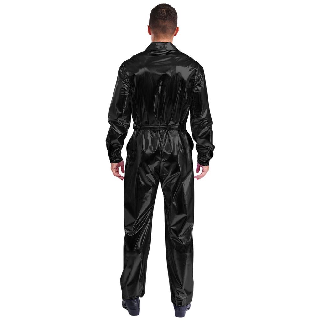 Glanzende Metallic Turn-down Kraag Lange Mouwen Hoge Taille Jumpsuit Heren Halloween Kostuum