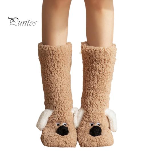 1 Pair Adult Winter Floor Socks Cartoon Dog Design Thickened Plush Double Warmth Anti-slip Long Socks Holiday Gift