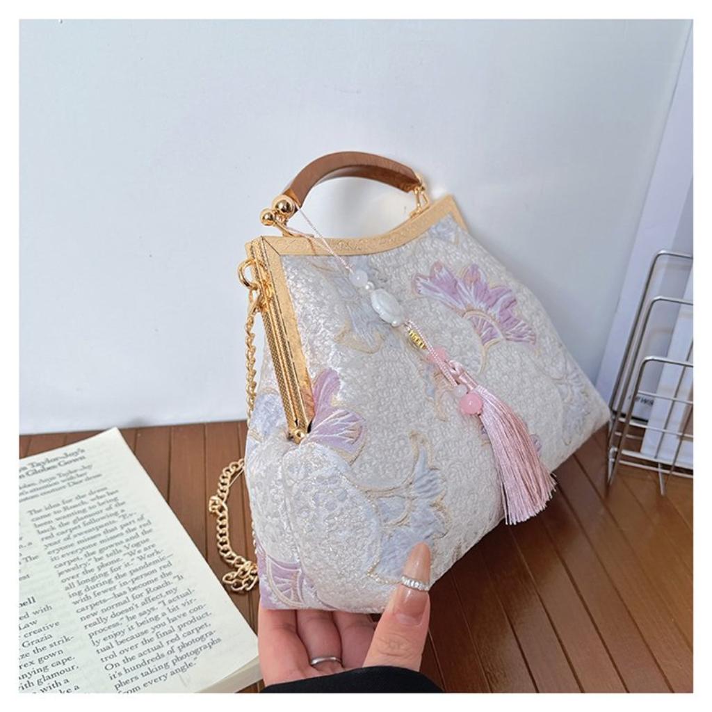 Shoulder Bag Women Cloth Embroidery Floral Chain Strap Daily Commute