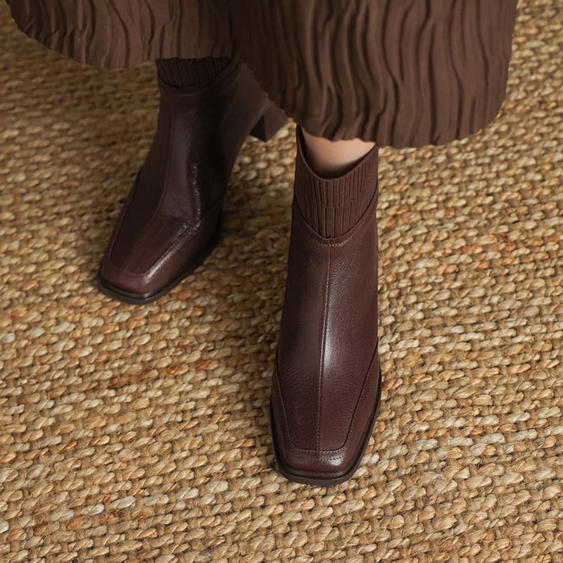Fashion NEW Autumn Women Boots Square Toe Chunky Heel Shoes Genuine Leather Shoes for Women Knitted Fabric Modern Boots Soft Daily Shoes