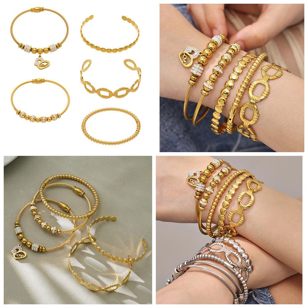 18K Gold-Plated Stainless Steel Geometric Zircon Bracelet Set - European & American Style, Personalized High-Texture Design.