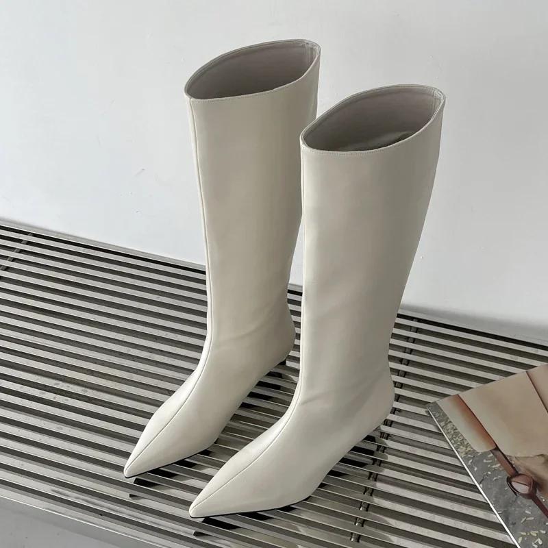 2025 Fashion Sexy Pointed  Low Heels Knee Long Boots Women's Spring/Autumn PU Sewing Party Ball Western Boots 35-40