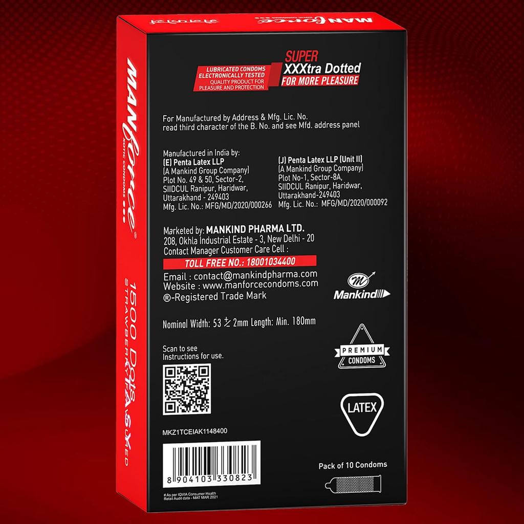 Manforce Xotic Strawberry Flavoured Condoms for Men | 10 Pcs | Extra Dotted & Lubricated Latex Condoms