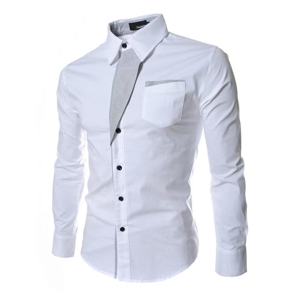 Men Slim Fit Long Sleeve Button Down Dress Shirt Contrast Detail Pocket Formal Business Wedding Shirt