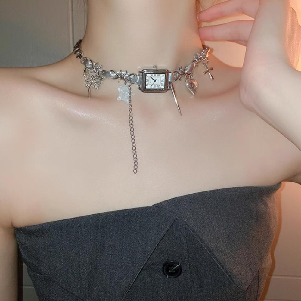 Heart Gothic Rivet Necklace Cross Y2K Tassel Necklace Vintage Watches Pedant Choker Girls