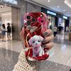 Satin Red Puppy Rhinestone Butterfly Rose Phone Case for iPhone 17 16 15 14 13 12 11 Pro Max Plus Wavy Edge
