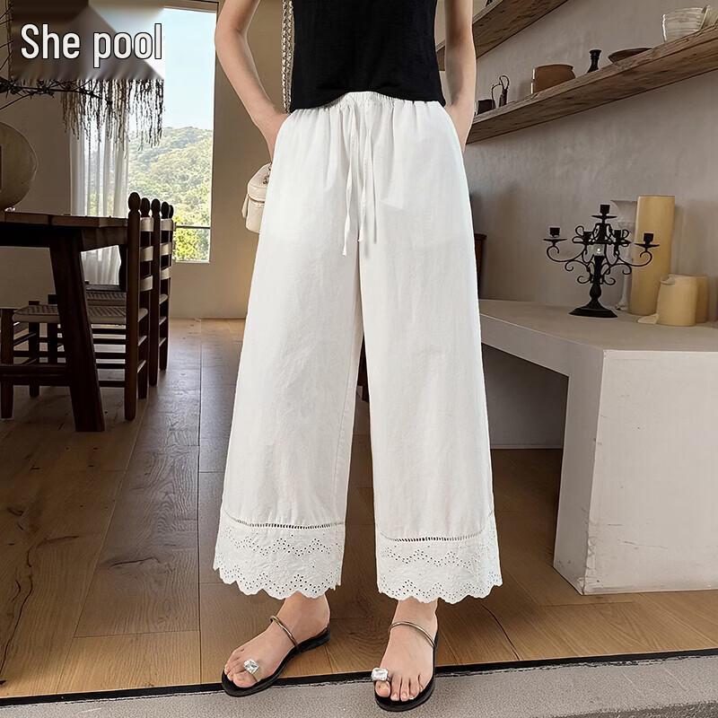 Women s Embroidered Lace Drawstring Straight-Leg Cropped Pants S