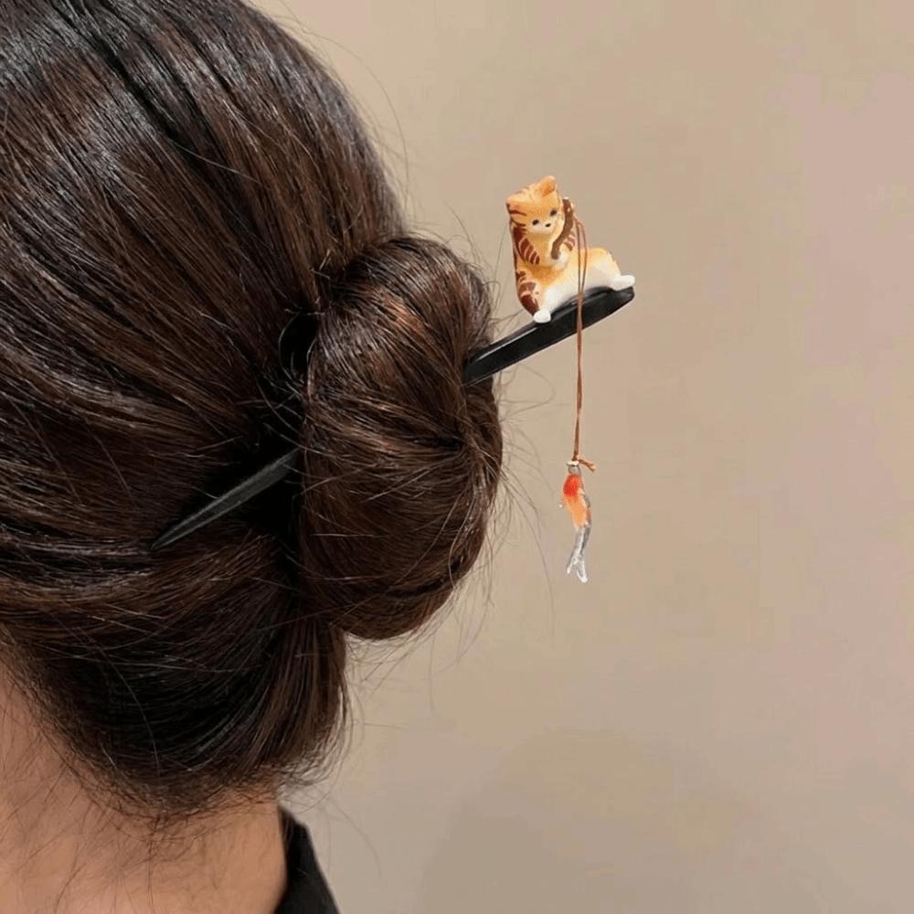 Chinese Style Cat Fishing Hair Stick Black Sandalwood Hanfu Hairpin Antique Wooden Hair Stick  Girl