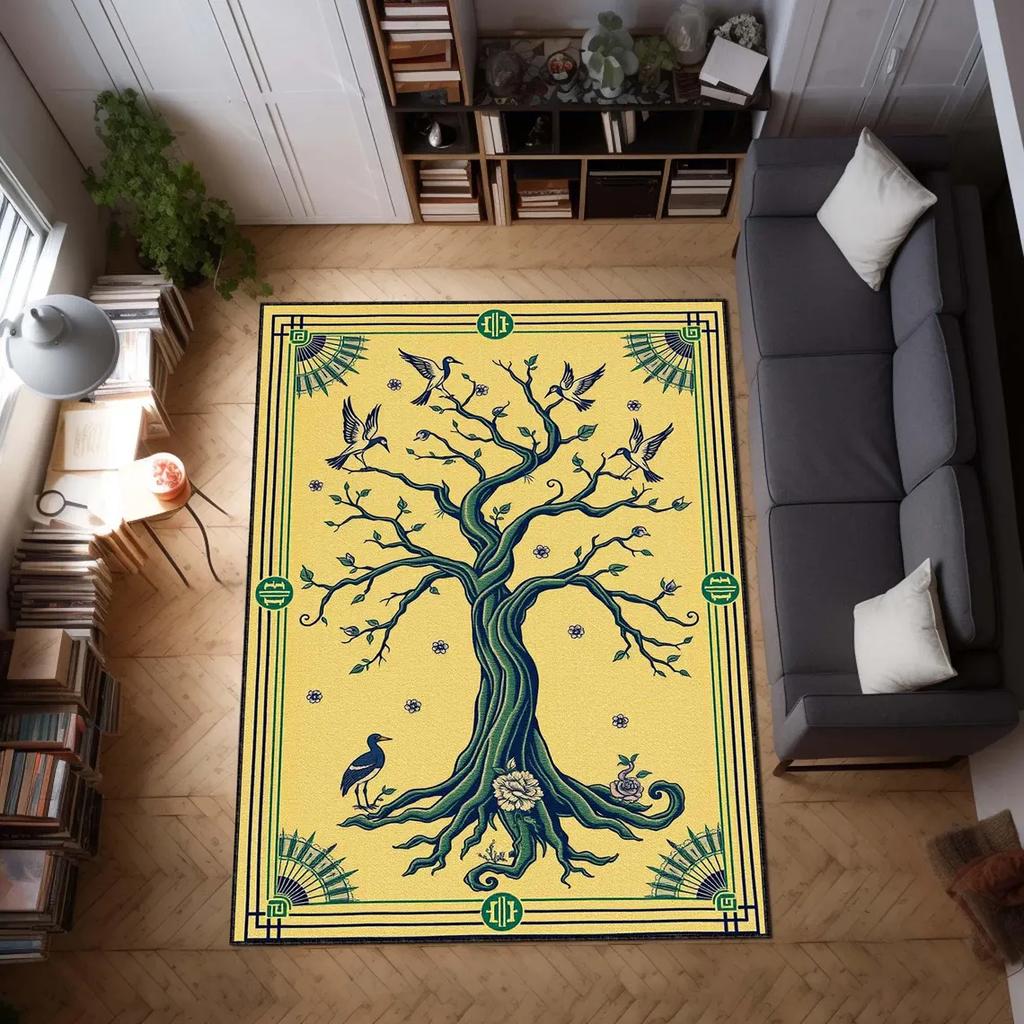 Tree of Life Rug Vintage Art Deco Area Carpet with Birds, Boho Nature Decor Carpet Spiritual Floor Rug, Sacred Symbol Floor Mat