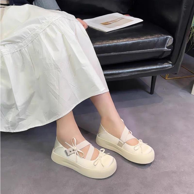 Elastic Band Bowtie Platform Ballet Shoes Women Round Toe Loafers Soft Bottom Chunky Heels Mary Jane Shoes Zapatillas Mujer