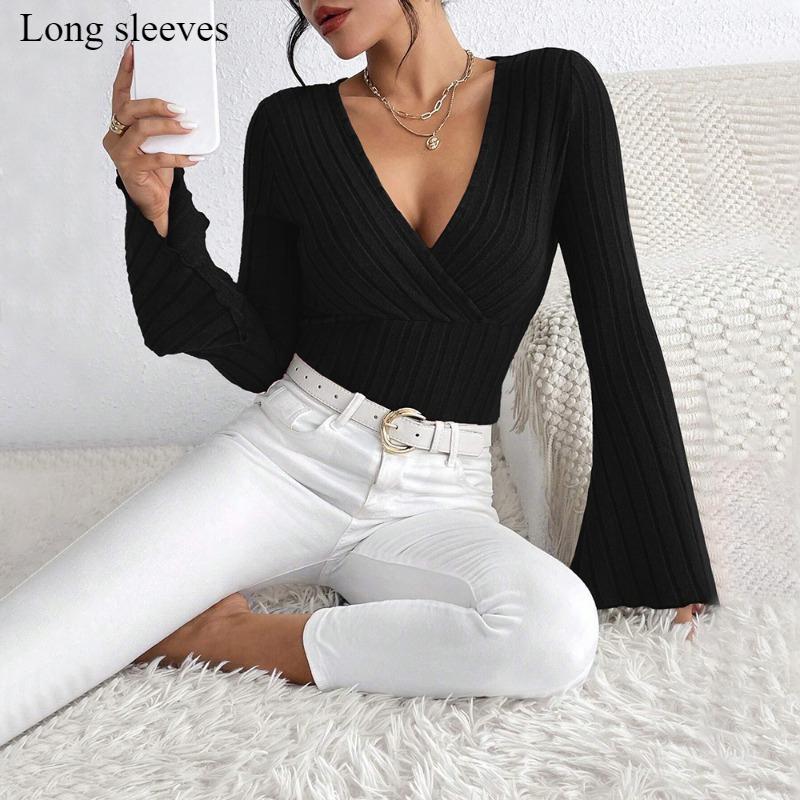 2024 Nové dámské tričko s dlouhým rukávem, výstřihem do V a rozšířenými rukávy, vínově červené, podzimní a zimní, slim-fit základní top