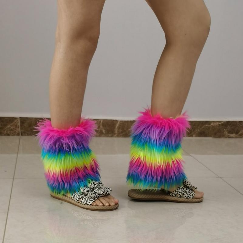 Winter 80s Furry Long Socks Leggings Cover Leg Warmer Punk Boots Socks Plush Vintage Rainbow Warm Boot Cuffs Leg Cover