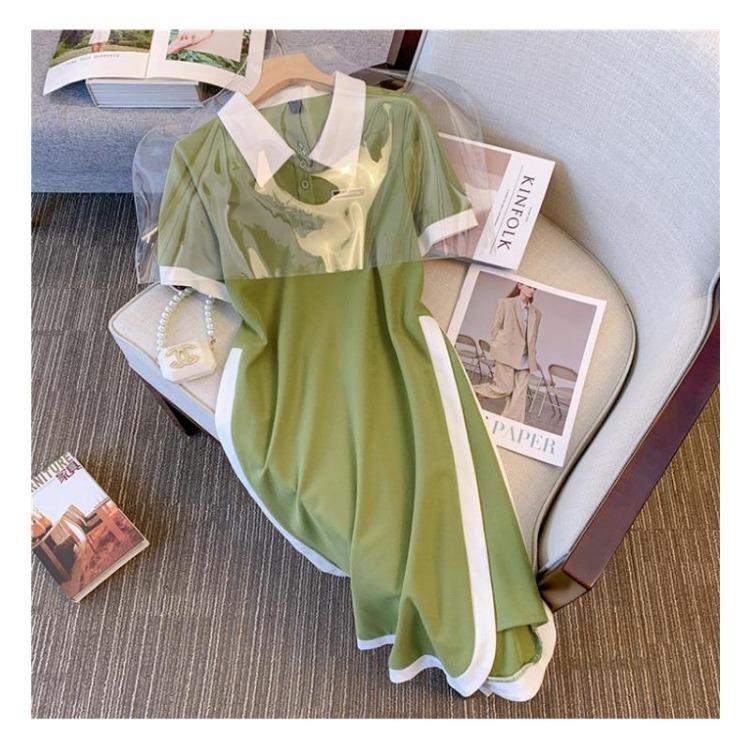 Summer Fashion Women Large Size Polo Neck Splicing A Shaped Dress