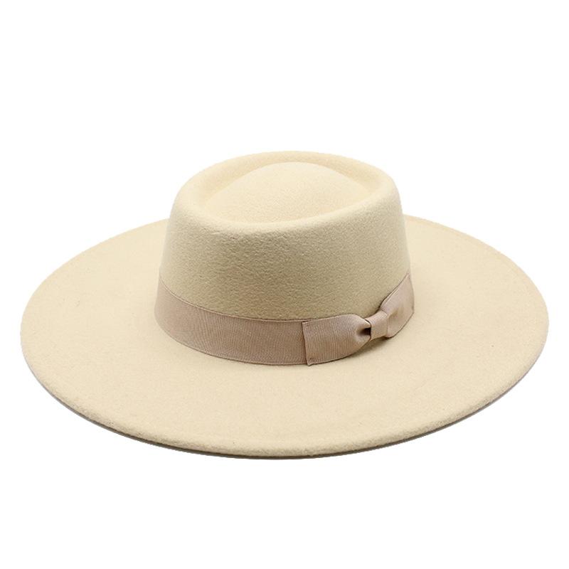 Herbst und Winter Britischer konkav geformter Hut mit breiter Krempe Jazzhut für Herren und Damen Mode Lässig Schleife Flache Kante Zylinder Imitation Wollfilzhut