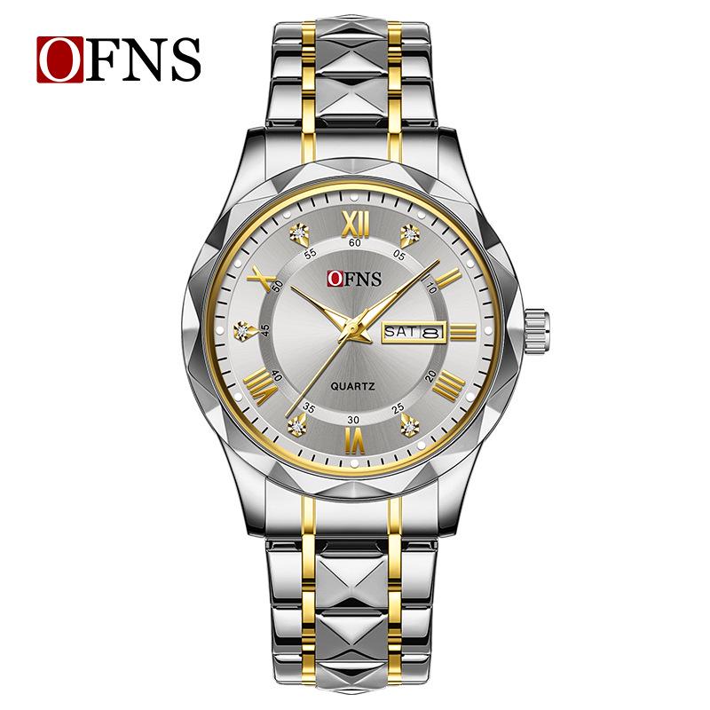 OFNS Men s Quartz Business Watch: 3D Roman Numerals, Dual Calendar, Waterproof, Stainless Steel Strap.